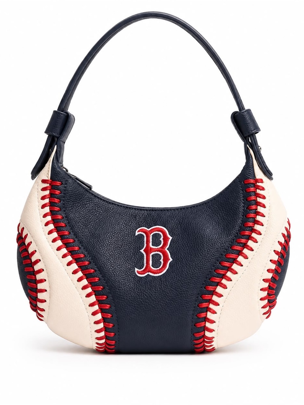 Boston-Inspired Navy and Cream Baseball-Stitch Hobo Bag